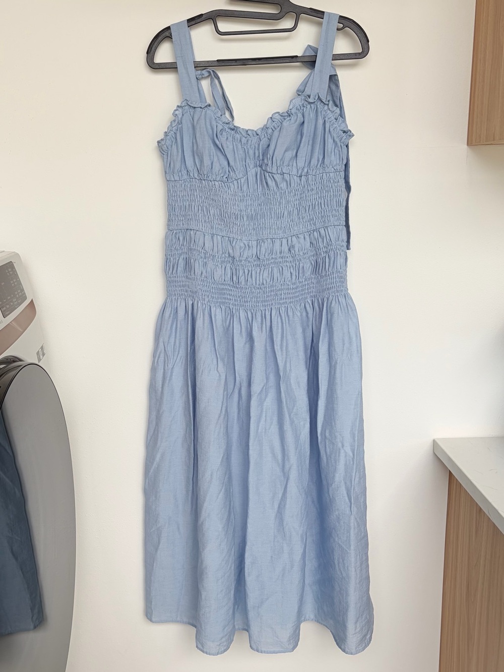 Moon River Anthropologie Shirred Midi Dress Blue Ribbon Tie Straps Ruffle Large - Picture 5 of 13